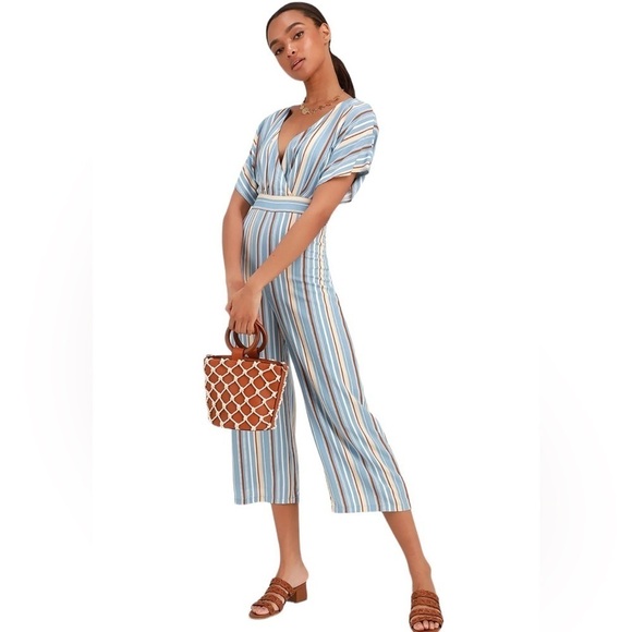 Lulus Vacation Bae Light Blue Striped Short Sleeve Jumpsuit Size XL - Picture 1 of 17
